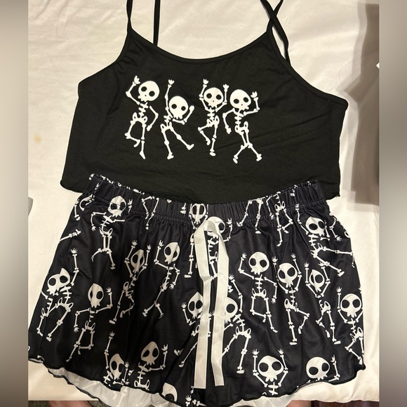 Women's Pajama Set black Skeleton Cami Top & Shorts Sleepwear Loungewear Set - Picture 1 of 10